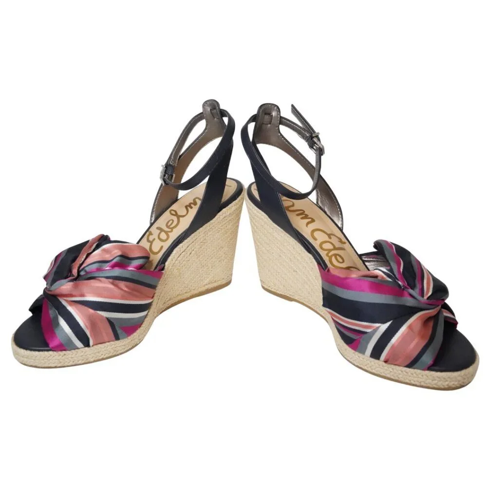 Sam Edelman, Aubrey Espadrille Wedge Striped Bow‎ Sandal, Navy, Pink, Tan
